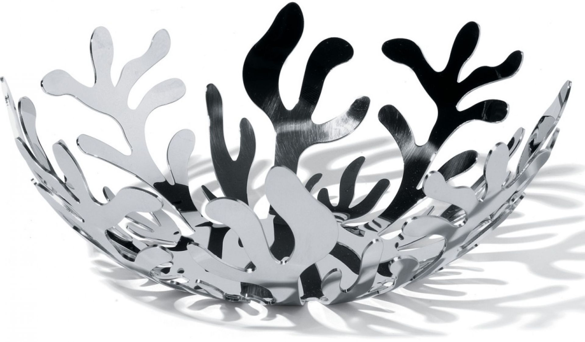 Alessi Mediterraneo Obstschale aus glänzendem Edelstahl, modernes Design für Obst, Brot und Dekoration.